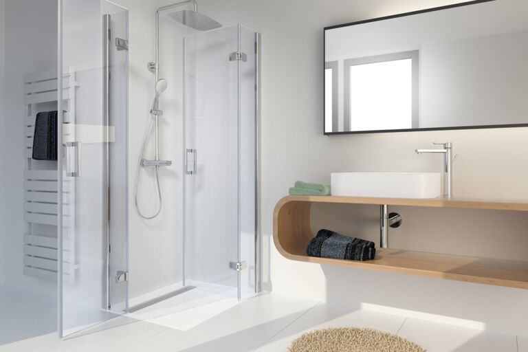 Premium Dusche Softcube mit Eckeinstieg und Pendeltüren