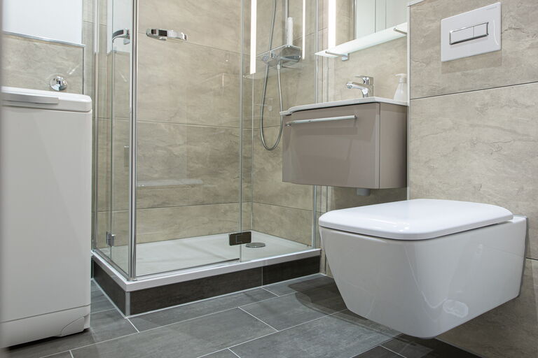 Blick auf Dusche und WC-Anlage in saniertem Neubau-Bad